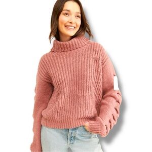 Vigoss Rose Pink Chunky Knit Foldover Turtleneck Arm Detail Oversize Fit Sweater